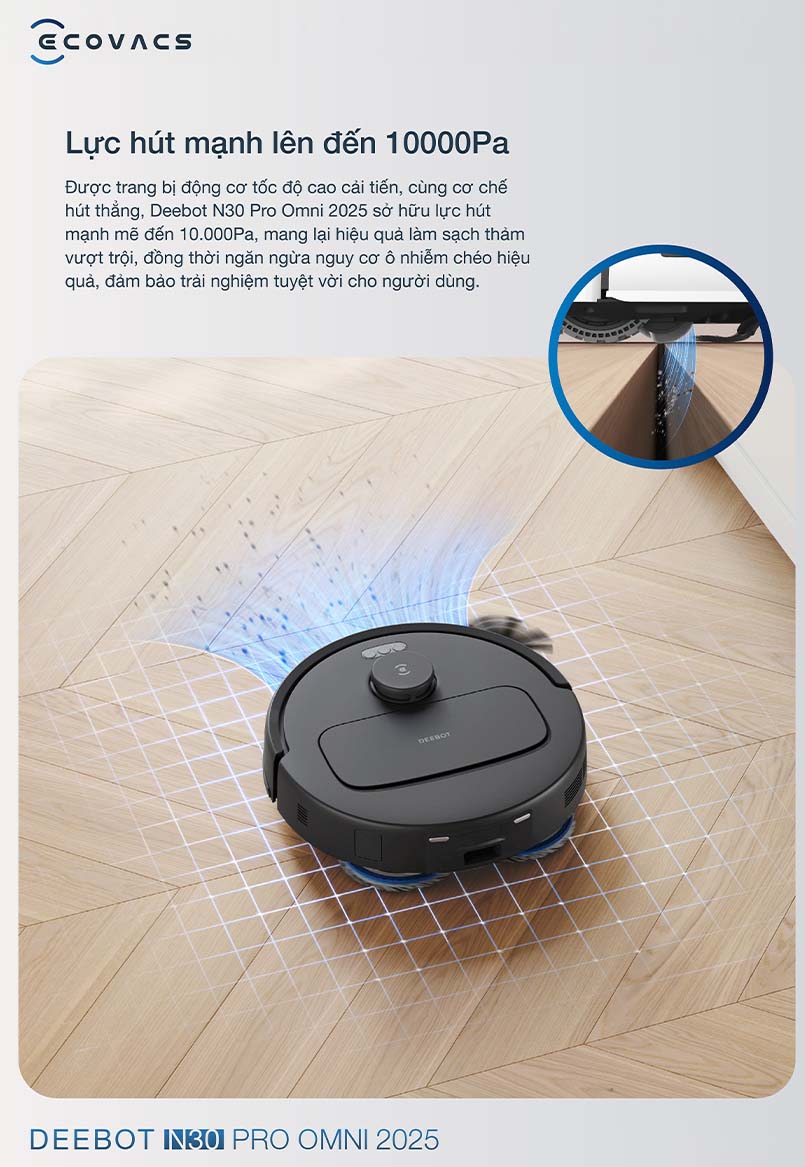 robot hút bụi Deebot N30 Pro Omni trang bị lực hút 10000Pa