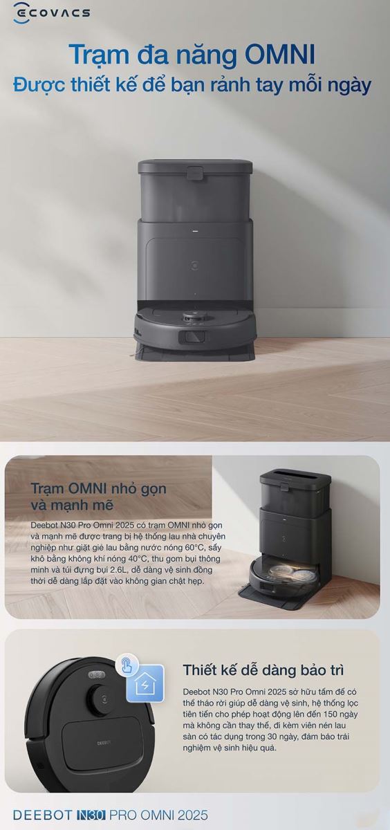 Robot hút bụi lau nhà Ecovacs Deebot N30 Pro Omni thiết kế trạm sạc OMNI nhỏ gọn