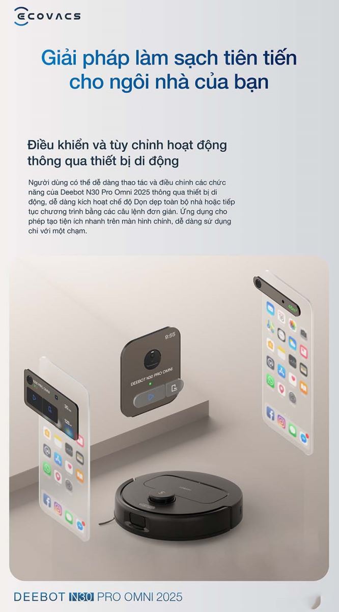 Ecovacs Home giúp điều khiển robot hút bụi lau nhà N30 Pro Omni mượt mà