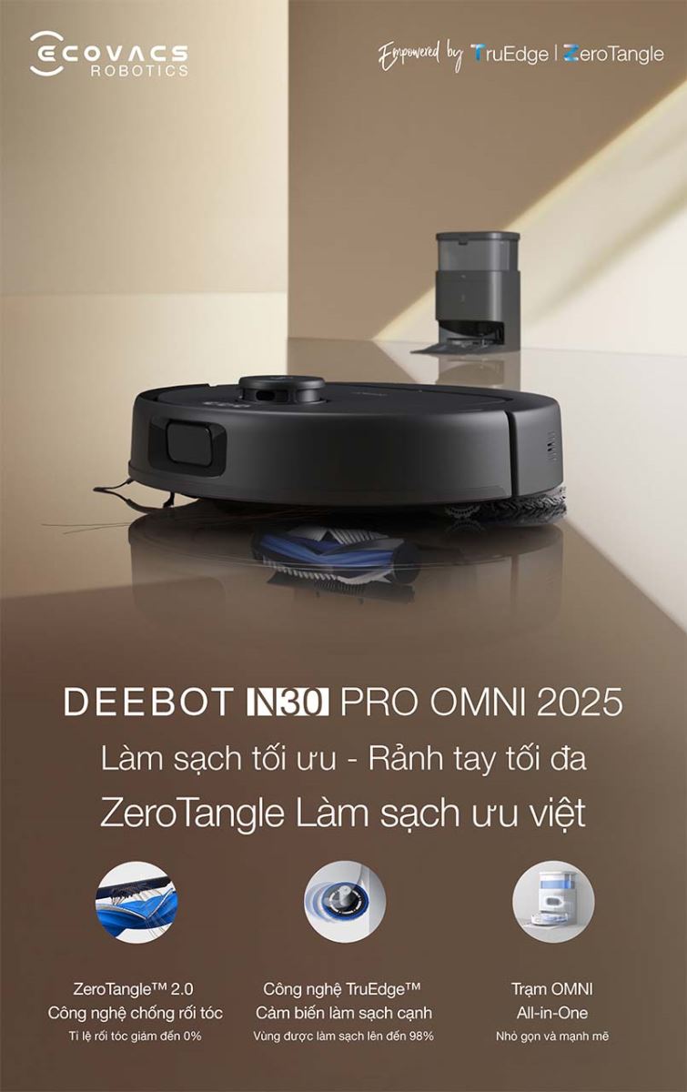 Robot hút bụi lau nhà Ecovacs Deebot N30 Pro Omni 2025 thiết kế nhỏ gọn, hiện đại