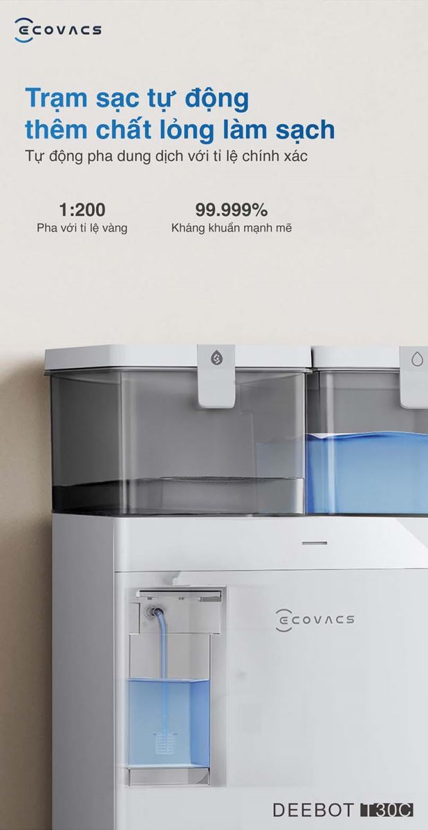 Với khả năng tự động thêm dung dịch làm sạch, Deebot T30C giúp bạn tiết kiệm tối đa thời gian và công sức. 
