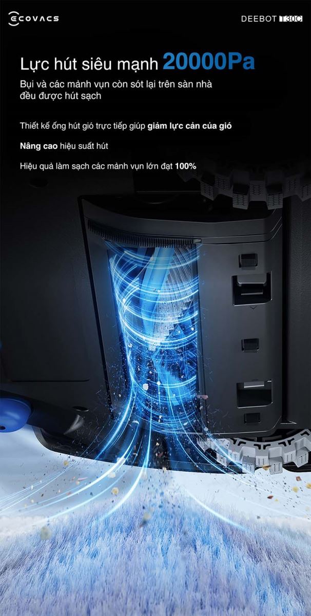 Lực hút mạnh mẽ 20000Pa của Ecovacs Deebot T30C làm sạch sâu mọi bề mặt 