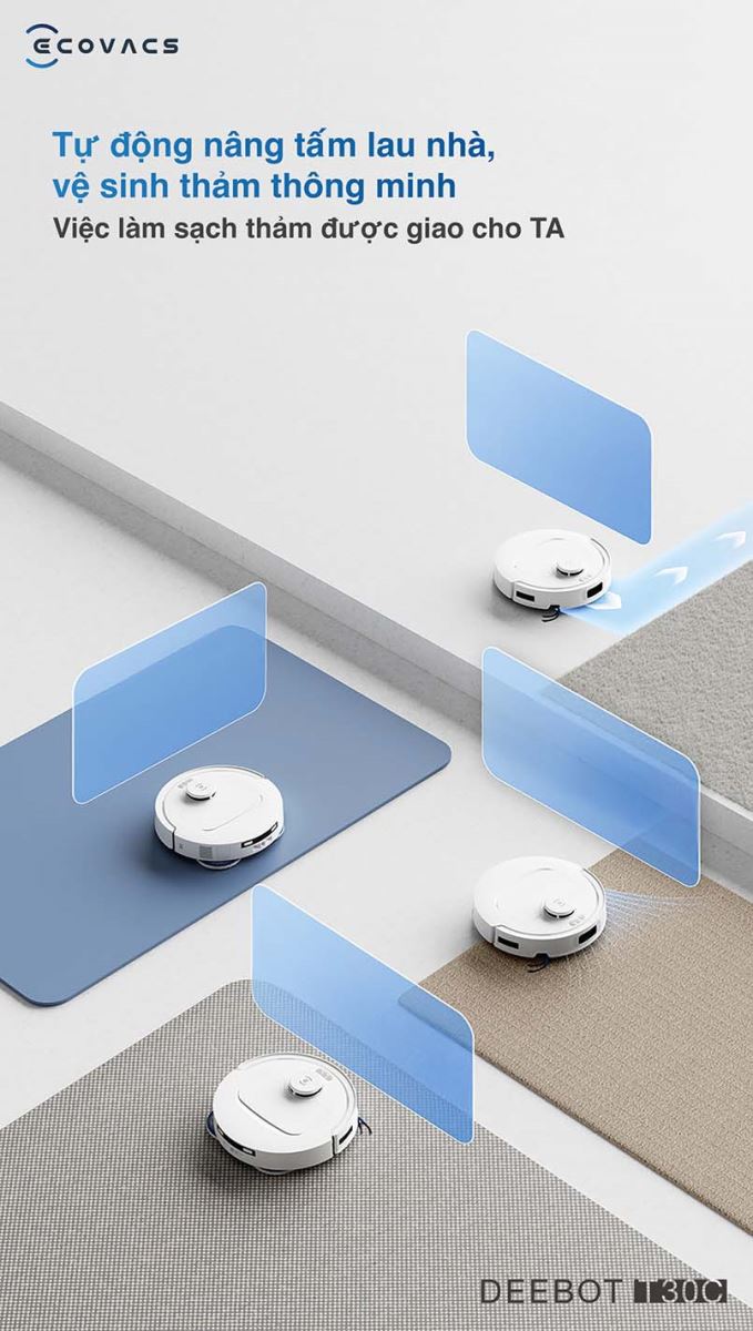 T30C tự động nhận diện thảm và làm sạch chuyên nghiệp mọi loại thảm.