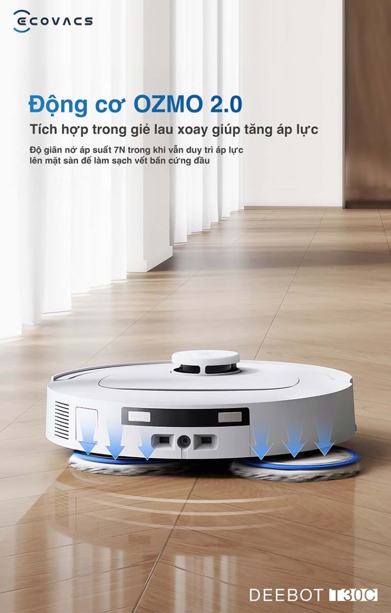 Công nghệ lau xoay OZMO™Turbo 2.0 giúp T30C làm sạch hiệu suất cao, sàn nhà sạch  không tì vết.